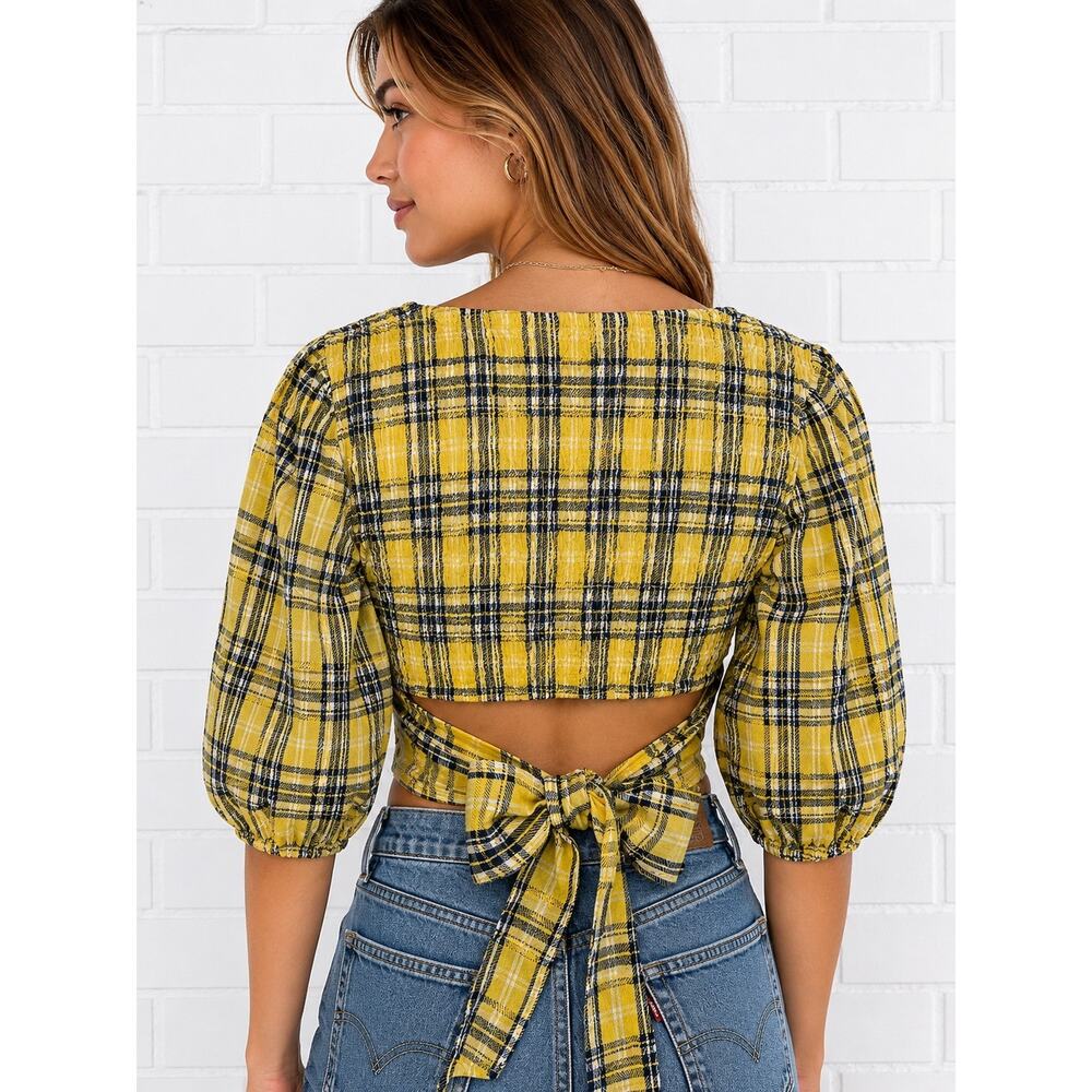 Rhea Ginger Smocked Top Plaid Yellow Black Crop Tie Back Puff Sleeve S NWT